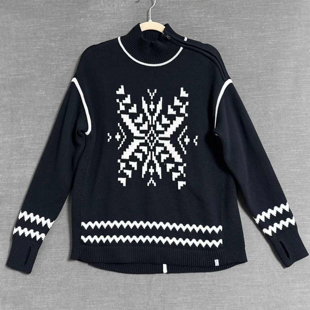 T by Talbots Sweater M Black Cotton Wool Snowflake Zip Mock Holiday Winter